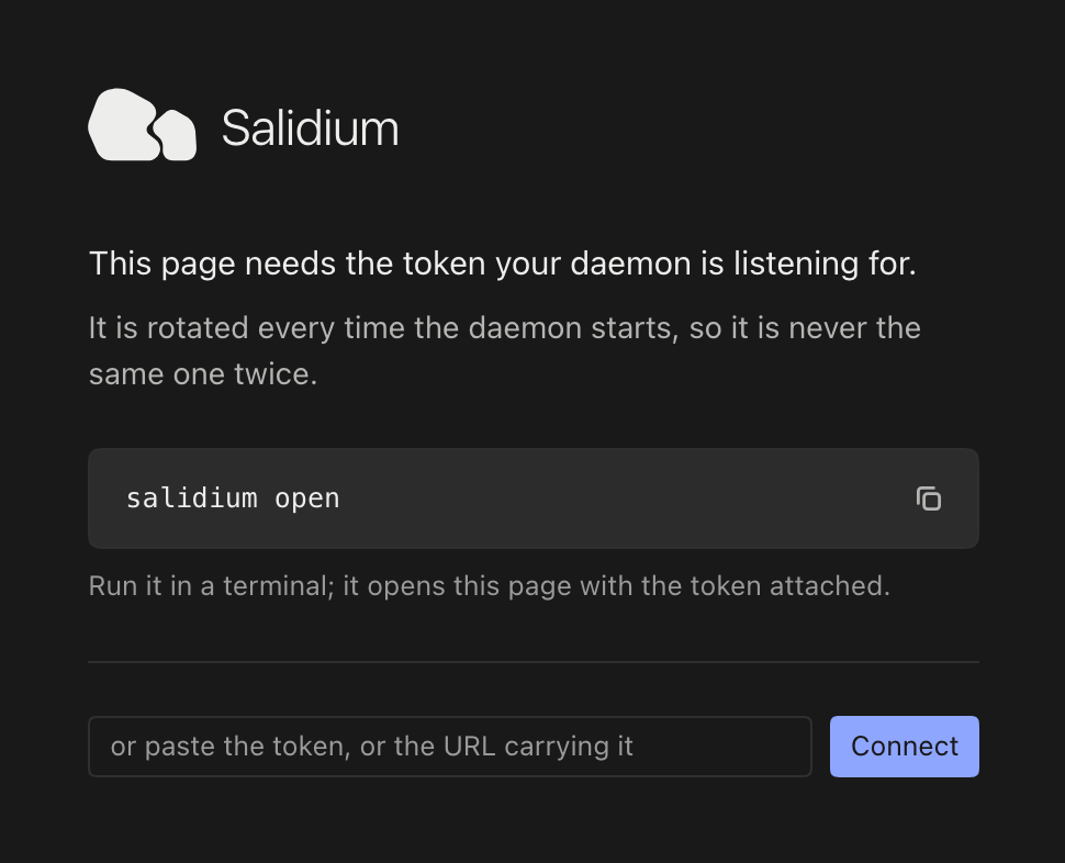 The Salidium page asking for a token, with the command salidium open beside a field for pasting one.