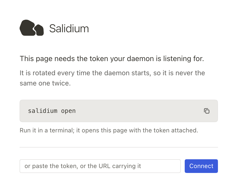 The Salidium page asking for a token, with the command salidium open beside a field for pasting one.
